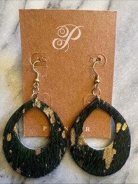 Plunder Green & Gold Teardrop Hair-on-Hide Earrings  ( Teagan )